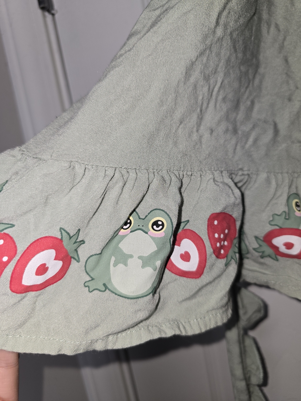 Hot Topic Sage Green Mini Skirt with Strawberry Trim Suspender Size Medium - Picture 3 of 4